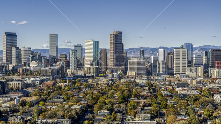 Skyscrapers in Downtown Denver, Colorado skyline Aerial Stock Photo DXP001_053_0004 | Axiom Images