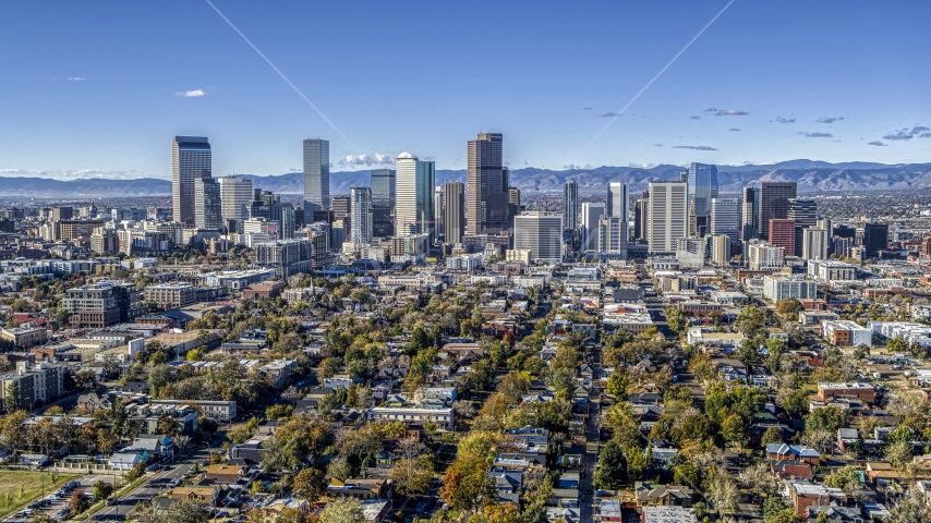 A wide view of the skyline of Downtown Denver, Colorado Aerial Stock Photo DXP001_053_0005 | Axiom Images