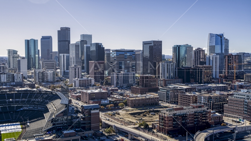 The tall skyscrapers of the Downtown Denver, Colorado skyline Aerial Stock Photo DXP001_054_0001 | Axiom Images