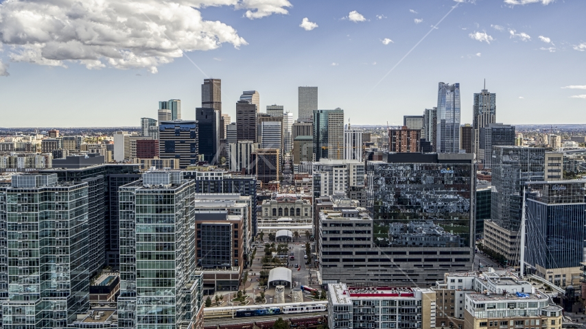 The city's skyline seen from office buildings in Downtown Denver, Colorado Aerial Stock Photo DXP001_055_0001 | Axiom Images