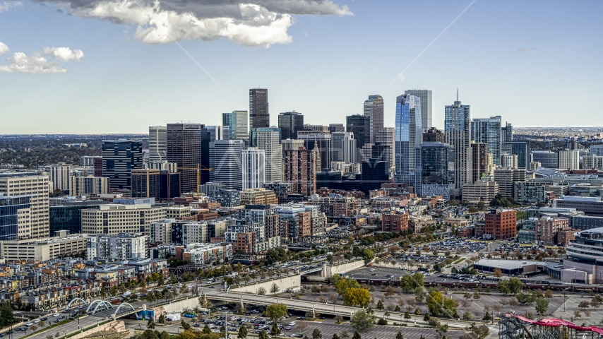 A view of the skyline in Downtown Denver, Colorado Aerial Stock Photo DXP001_055_0010 | Axiom Images