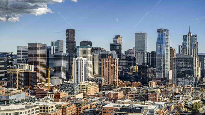 Towering skyscrapers of the city skyline in Downtown Denver, Colorado Aerial Stock Photo DXP001_055_0013 | Axiom Images