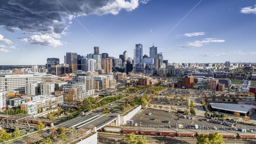 A view of the city skyline in the distance, Downtown Denver, Colorado Aerial Stock Photo DXP001_056_0003 | Axiom Images