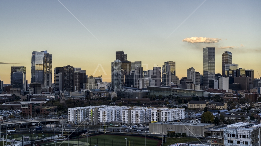 The tall skyscrapers in the city skyline at sunset, Downtown Denver, Colorado Aerial Stock Photo DXP001_056_0006 | Axiom Images