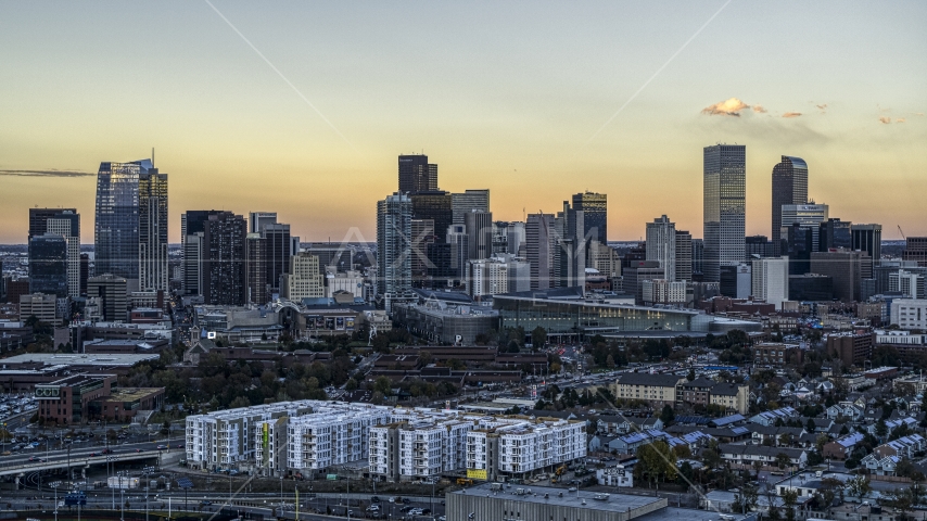 The city's skyline at sunset, Downtown Denver, Colorado Aerial Stock Photo DXP001_056_0008 | Axiom Images