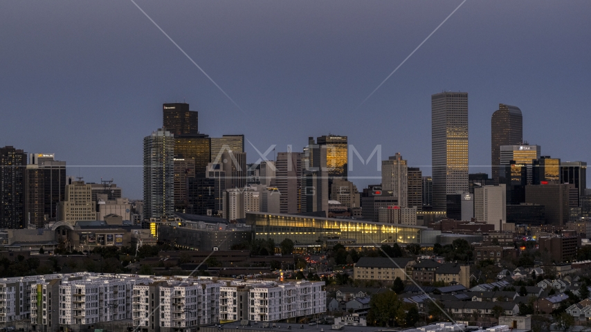 The city's downtown skyscrapers by convention center at twilight, Downtown Denver, Colorado Aerial Stock Photo DXP001_057_0003 | Axiom Images