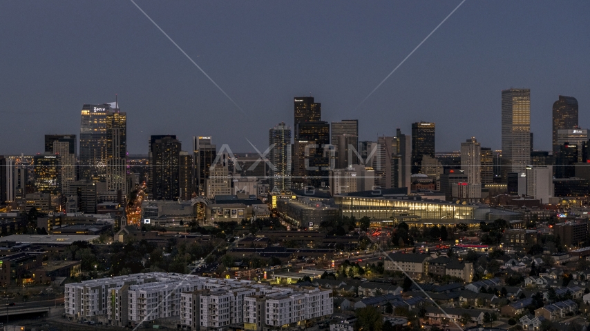 The city's skyline and convention center at twilight, Downtown Denver, Colorado Aerial Stock Photo DXP001_057_0005 | Axiom Images