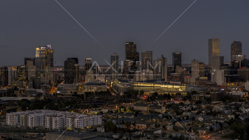 The convention center and city skyline at twilight, Downtown Denver, Colorado Aerial Stock Photo DXP001_057_0006 | Axiom Images