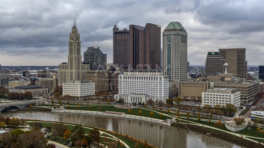 The city's skyline across the Scioto River, Downtown Columbus, Ohio Aerial Stock Photo DXP001_087_0001 | Axiom Images