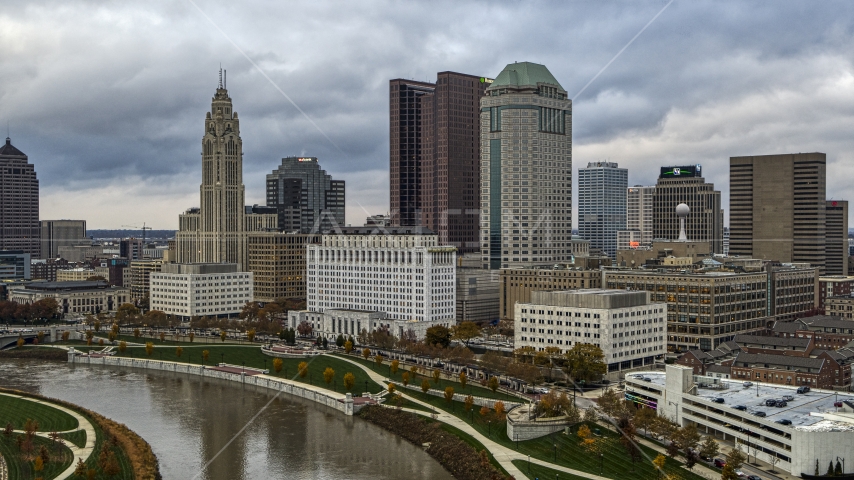 The city skyline by the Scioto River, Downtown Columbus, Ohio Aerial Stock Photo DXP001_087_0002 | Axiom Images