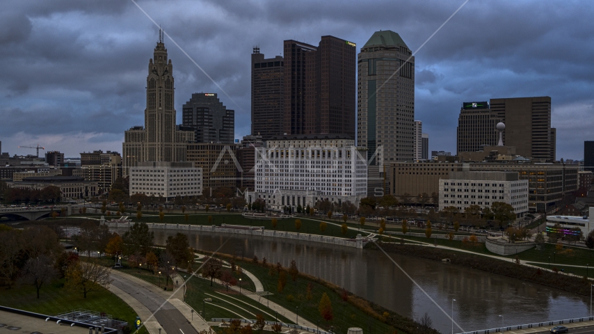 The city skyline and the Scioto River, Downtown Columbus, Ohio Aerial Stock Photo DXP001_087_0005 | Axiom Images