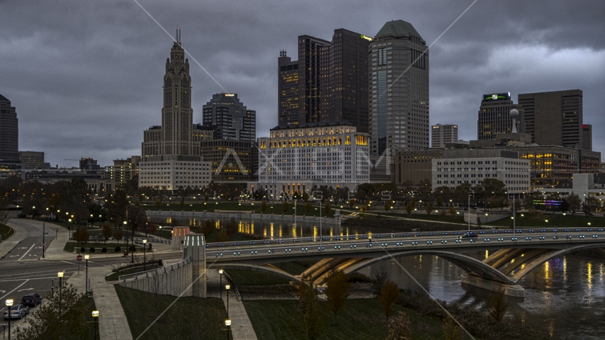 The city skyline and the Scioto River at twilight, Downtown Columbus, Ohio Aerial Stock Photo DXP001_087_0006 | Axiom Images