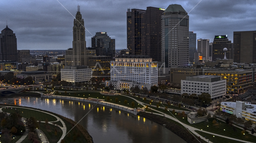 The city skyline and the Scioto River at twilight, Downtown Columbus, Ohio Aerial Stock Photo DXP001_087_0007 | Axiom Images