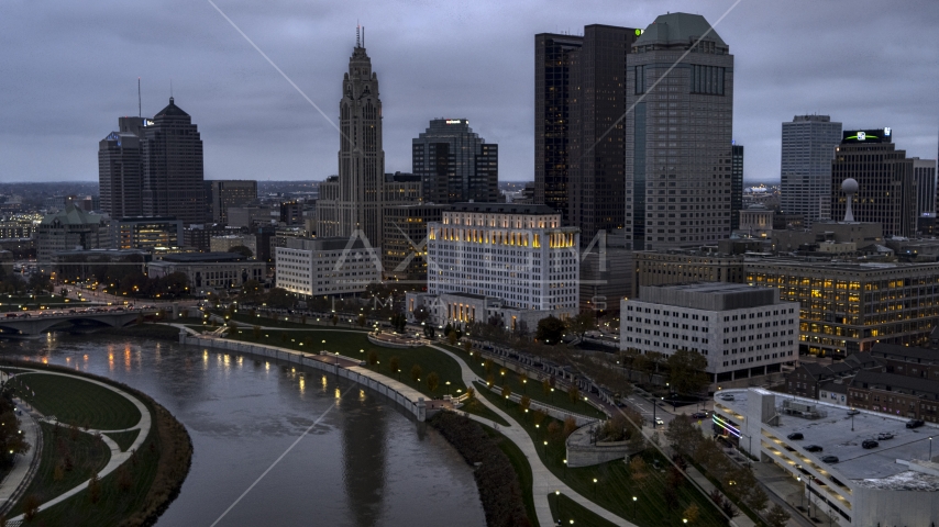 The Scioto River and city skyline at twilight, Downtown Columbus, Ohio Aerial Stock Photo DXP001_087_0008 | Axiom Images