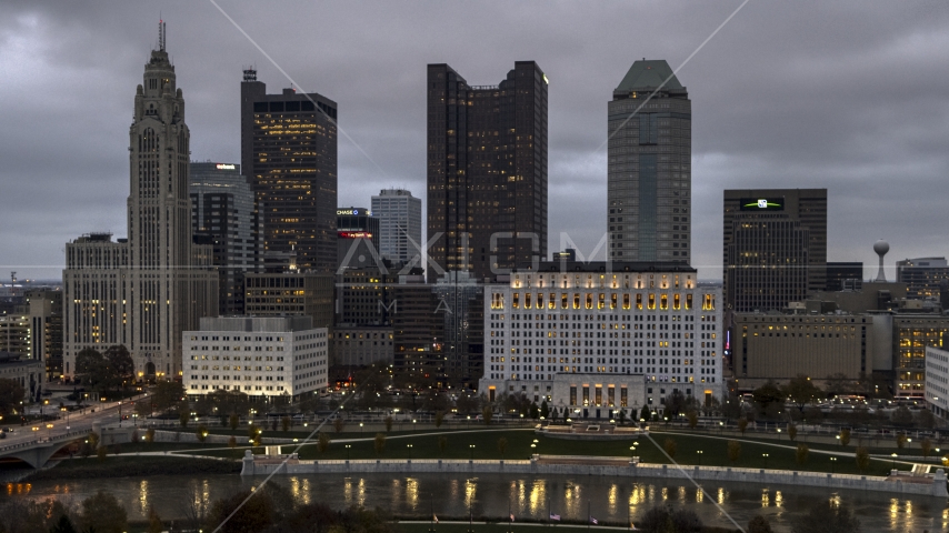 Scioto River and the city skyline at twilight, Downtown Columbus, Ohio Aerial Stock Photo DXP001_087_0009 | Axiom Images