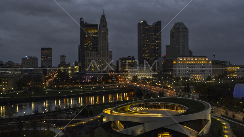 The city skyline seen from the concert hall at twilight, Downtown Columbus, Ohio Aerial Stock Photo DXP001_088_0002 | Axiom Images