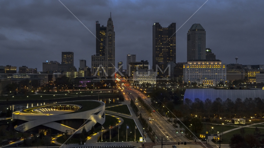 The city skyline across the bridge and river at twilight, Downtown Columbus, Ohio Aerial Stock Photo DXP001_088_0003 | Axiom Images