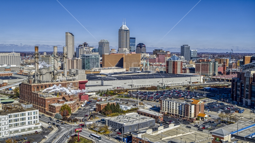 A brick factory, convention center and city skyline, Downtown Indianapolis, Indiana Aerial Stock Photo DXP001_089_0002 | Axiom Images