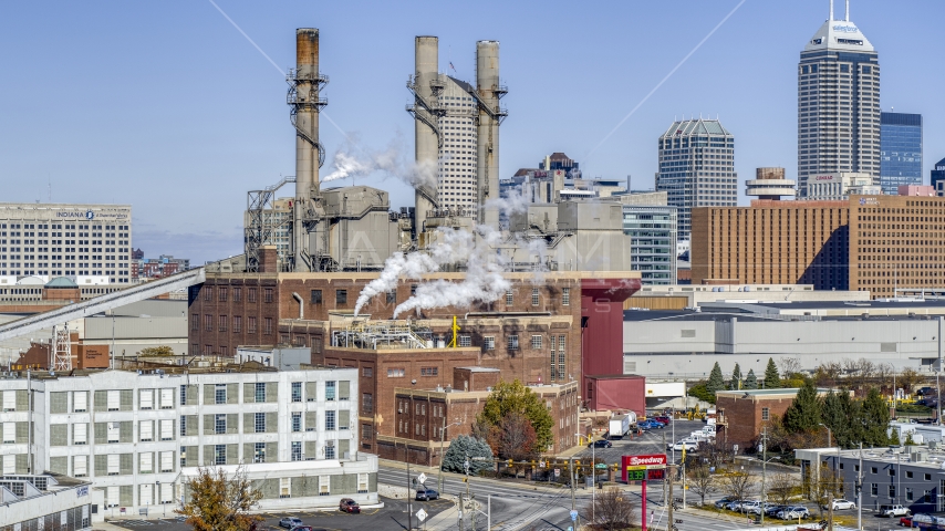 A brick factory with smoke stacks in Indianapolis, Indiana Aerial Stock Photo DXP001_089_0010 | Axiom Images