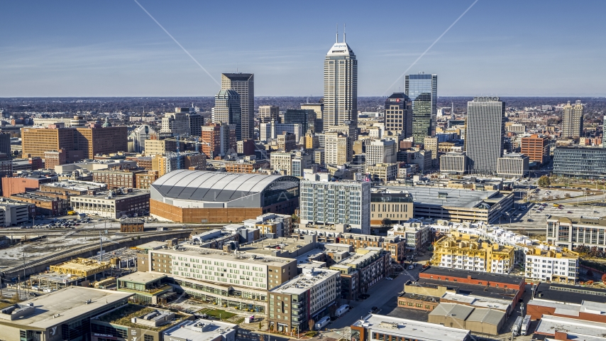 The arena and the city's skyline in Downtown Indianapolis, Indiana Aerial Stock Photo DXP001_090_0003 | Axiom Images