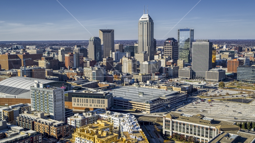 Focusing on the city's skyline in Downtown Indianapolis, Indiana Aerial Stock Photo DXP001_090_0004 | Axiom Images