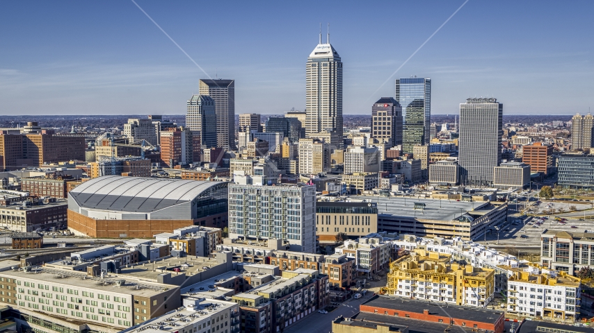 The city's skyline near the arena in Downtown Indianapolis, Indiana Aerial Stock Photo DXP001_090_0006 | Axiom Images