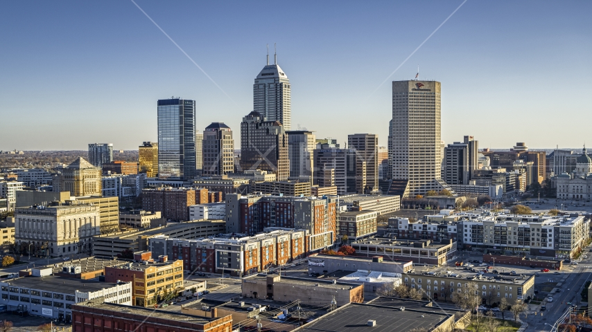 A view of the skyline in Downtown Indianapolis, Indiana Aerial Stock Photo DXP001_091_0004 | Axiom Images