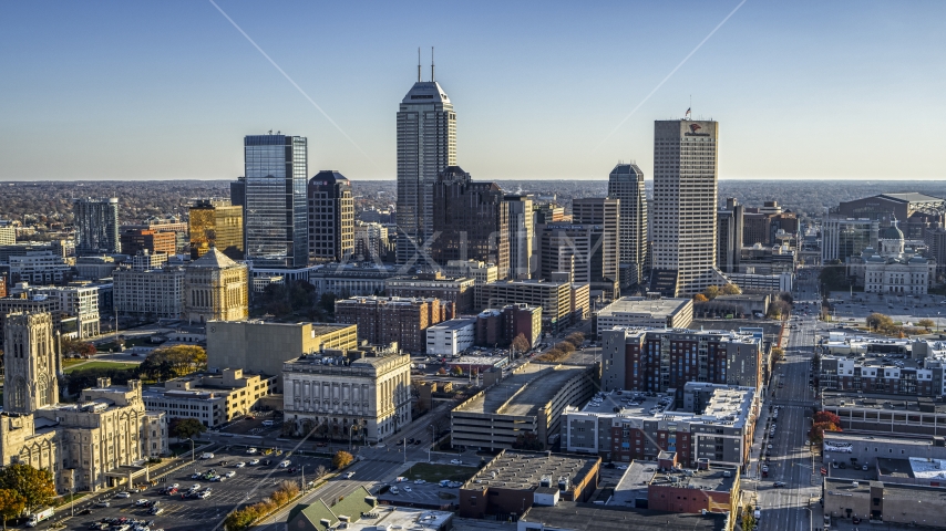 The skyline's skyscrapers in Downtown Indianapolis, Indiana Aerial Stock Photo DXP001_091_0006 | Axiom Images