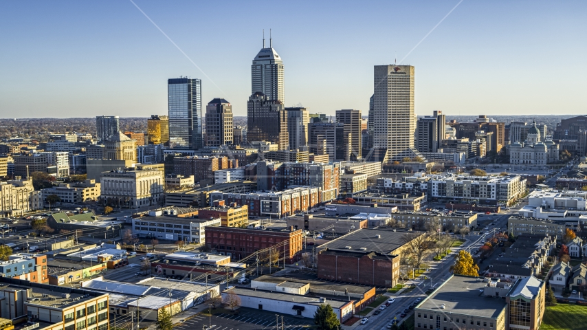 Wide view of the skyline's tall skyscrapers in Downtown Indianapolis, Indiana Aerial Stock Photo DXP001_091_0007 | Axiom Images