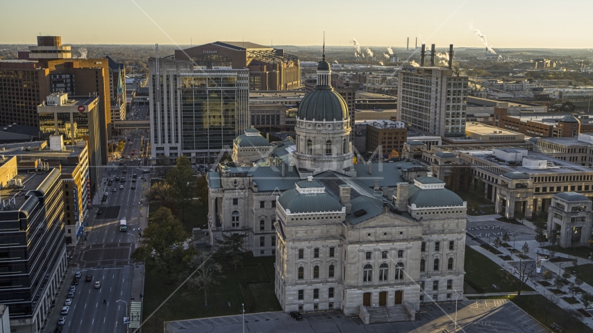 A view of the Indiana State House in Downtown Indianapolis, Indiana Aerial Stock Photo DXP001_091_0009 | Axiom Images