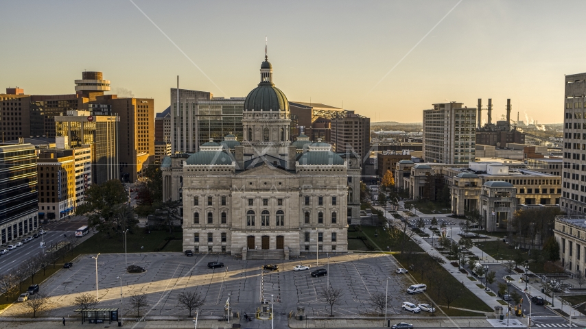 The front of the Indiana State House building in Downtown Indianapolis, Indiana Aerial Stock Photo DXP001_091_0011 | Axiom Images