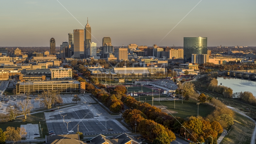 A view of the city's skyline at sunset, Downtown Indianapolis, Indiana Aerial Stock Photo DXP001_092_0006 | Axiom Images
