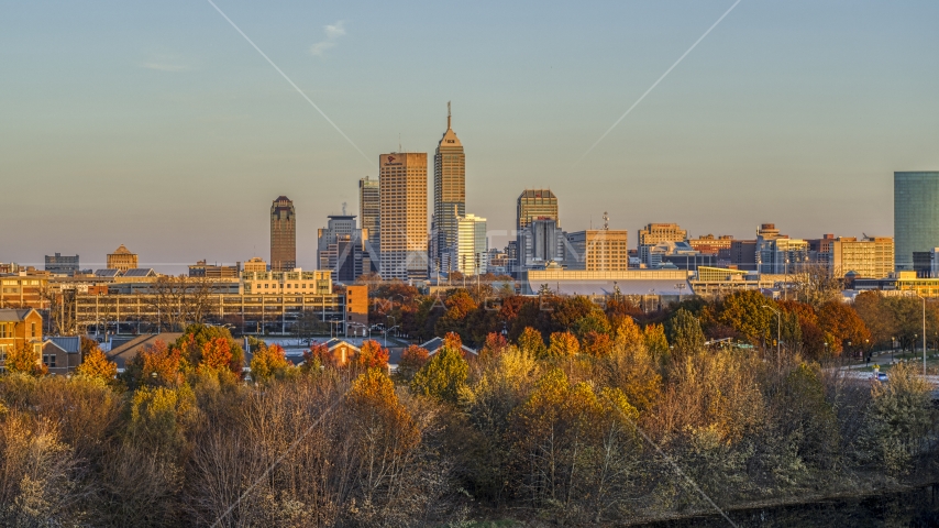 The city's skyline at sunset, seen from trees, Downtown Indianapolis, Indiana Aerial Stock Photo DXP001_092_0010 | Axiom Images