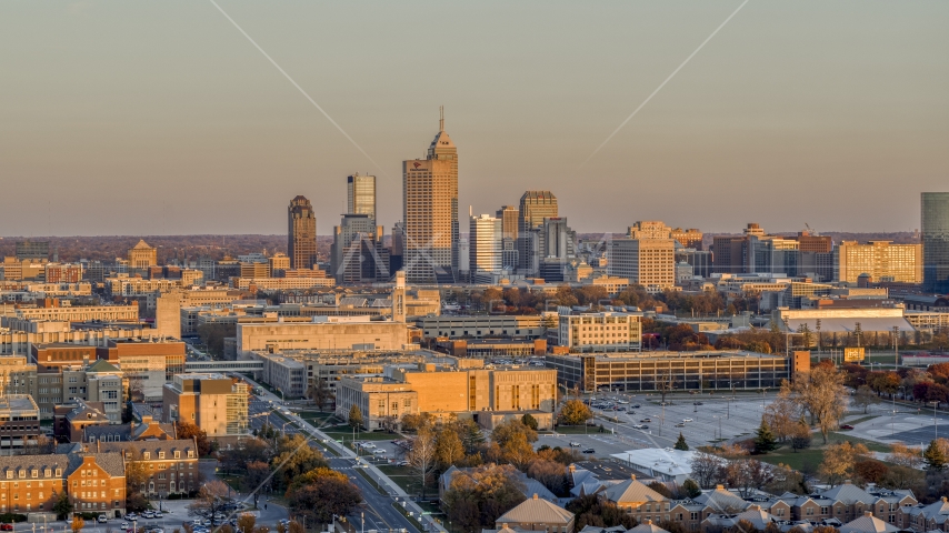 A wide view of the city's downtown skyline at sunset, Downtown Indianapolis, Indiana Aerial Stock Photo DXP001_092_0011 | Axiom Images