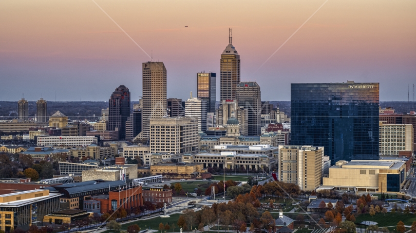 Hotel and city's skyline at sunset, Downtown Indianapolis, Indiana Aerial Stock Photo DXP001_092_0015 | Axiom Images