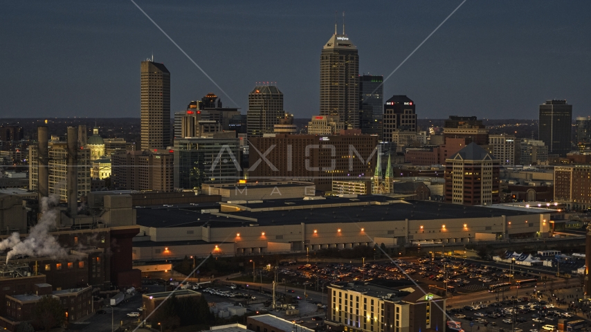 A twilight view of the city's skyline, Downtown Indianapolis, Indiana Aerial Stock Photo DXP001_093_0002 | Axiom Images