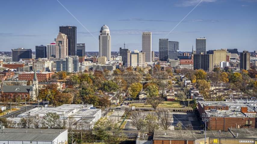 A view of the city's skyline, Downtown Louisville, Kentucky Aerial Stock Photo DXP001_094_0001 | Axiom Images