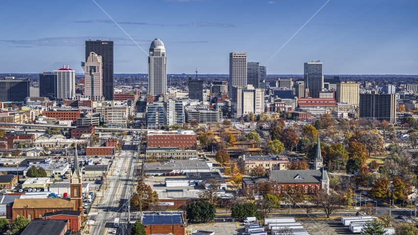 A view of the city's skyline, Downtown Louisville, Kentucky Aerial Stock Photo DXP001_094_0002 | Axiom Images
