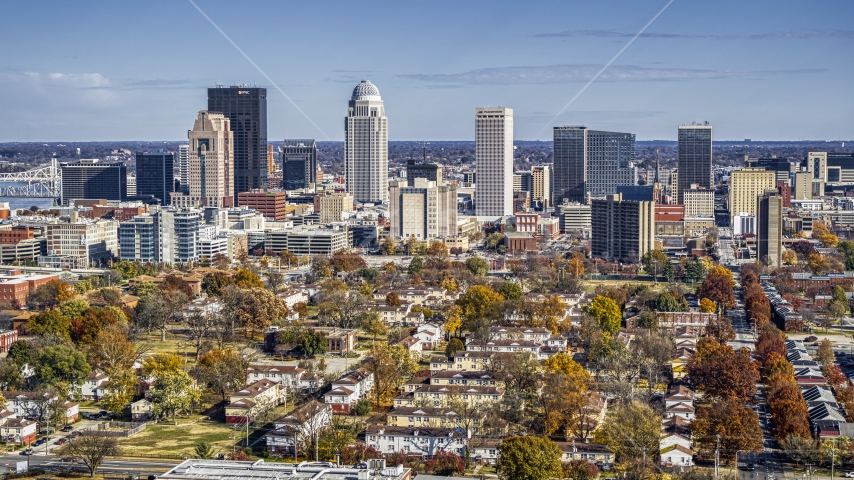 The city's skyline, seen from apartment buildings, Downtown Louisville, Kentucky Aerial Stock Photo DXP001_094_0003 | Axiom Images
