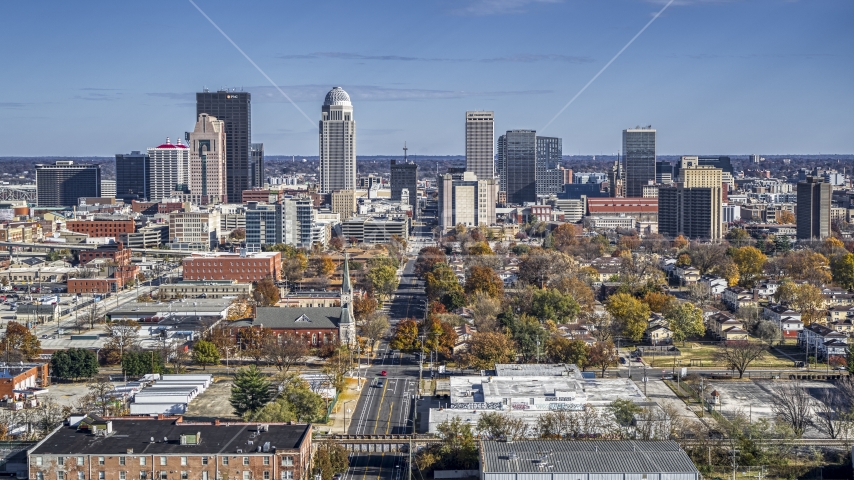 A wide view of the city's skyline, Downtown Louisville, Kentucky Aerial Stock Photo DXP001_094_0004 | Axiom Images