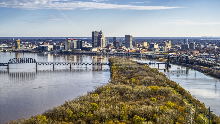 The city's skyline beside the river in Downtown Louisville, Kentucky Aerial Stock Photo DXP001_094_0010 | Axiom Images