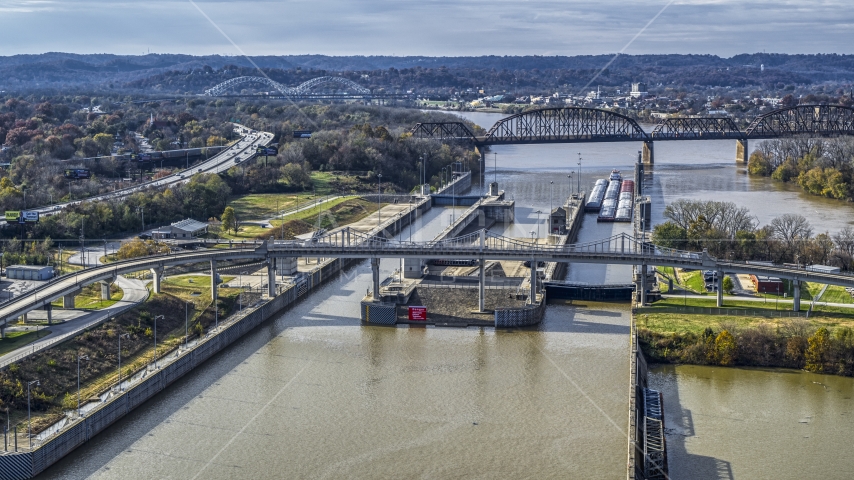 A view of locks and a dam on the Ohio River in Louisville, Kentucky Aerial Stock Photo DXP001_094_0013 | Axiom Images