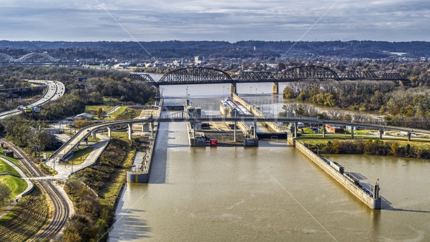 A dam and locks on the Ohio River in Louisville, Kentucky Aerial Stock Photo DXP001_094_0014 | Axiom Images