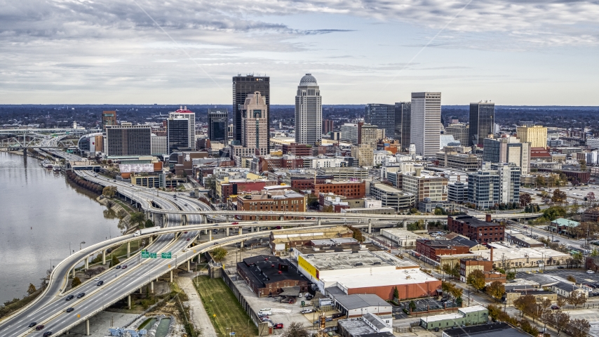 Riverfront freeway and city skyline in Downtown Louisville, Kentucky Aerial Stock Photo DXP001_095_0008 | Axiom Images
