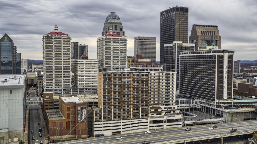 Hotel and skyline in Downtown Louisville, Kentucky Aerial Stock Photo DXP001_095_0009 | Axiom Images
