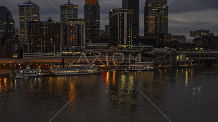 The city skyline at night across the river, Downtown Louisville, Kentucky Aerial Stock Photo DXP001_096_0009 | Axiom Images