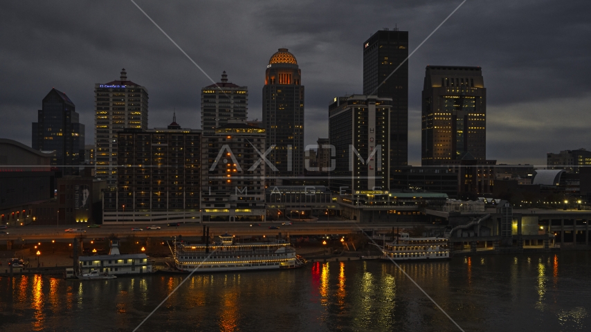 The city skyline of Downtown Louisville, Kentucky at nighttime Aerial Stock Photo DXP001_096_0010 | Axiom Images