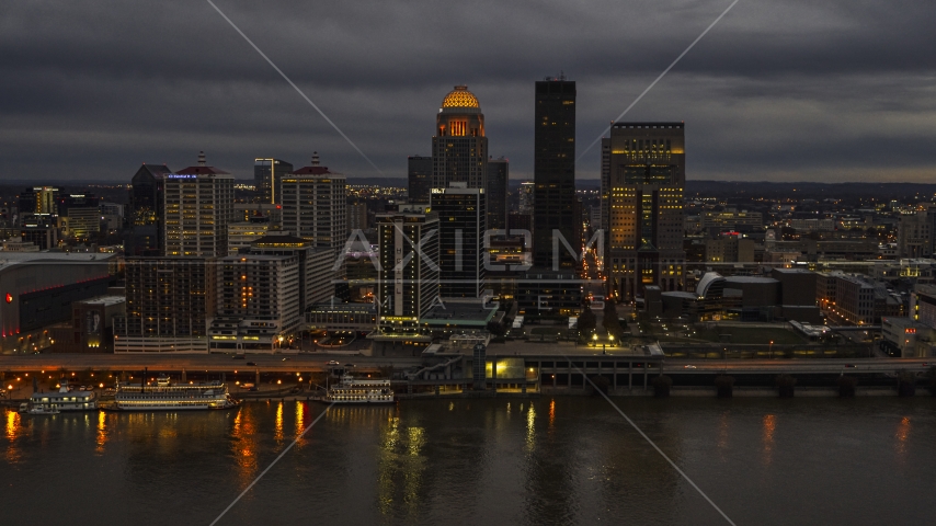 The city's skyline at night in Downtown Louisville, Kentucky Aerial Stock Photo DXP001_096_0011 | Axiom Images