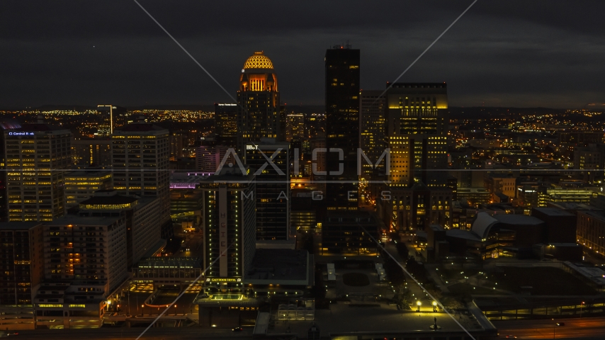A view of skyscrapers in the city skyline at twilight, Downtown Louisville, Kentucky Aerial Stock Photo DXP001_096_0020 | Axiom Images