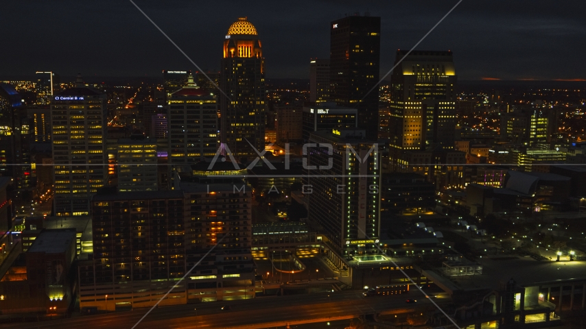 The city's skyline at twilight in Downtown Louisville, Kentucky Aerial Stock Photo DXP001_096_0021 | Axiom Images